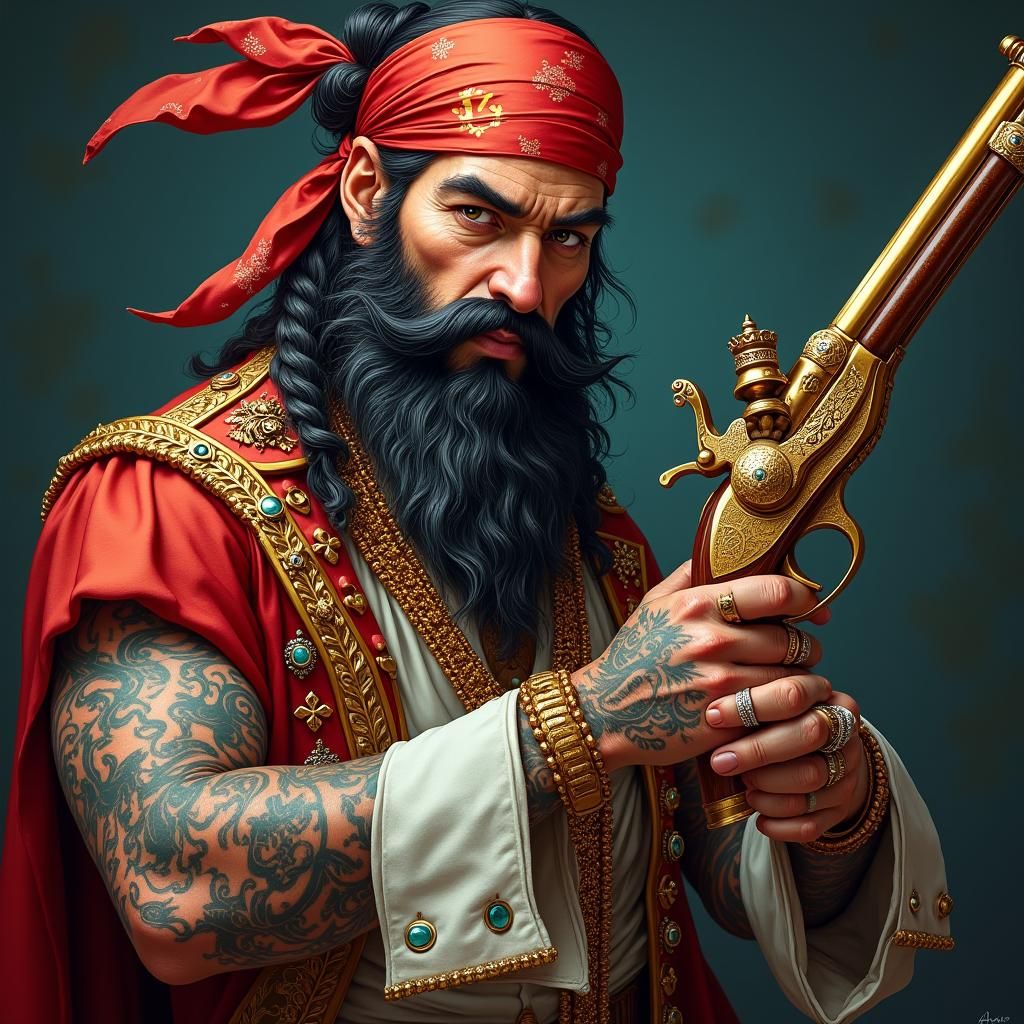 Pirate with Tattoos and Golden Flintlock Pistol