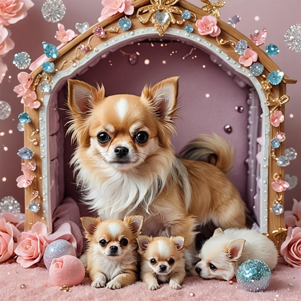 Sweet Chihuahua and Puppies in Sparkling Kennel