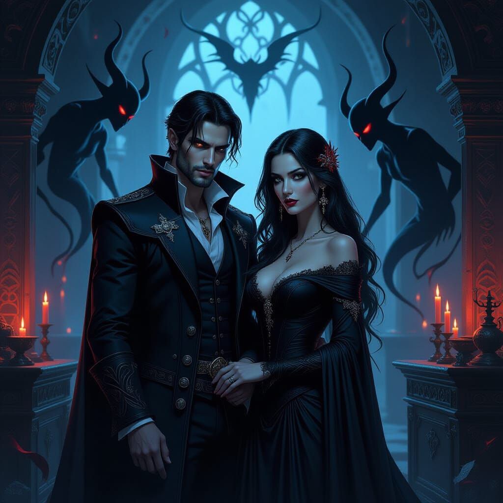 Ancient Vampire Couple in Mystical Room with Shadow Creature...