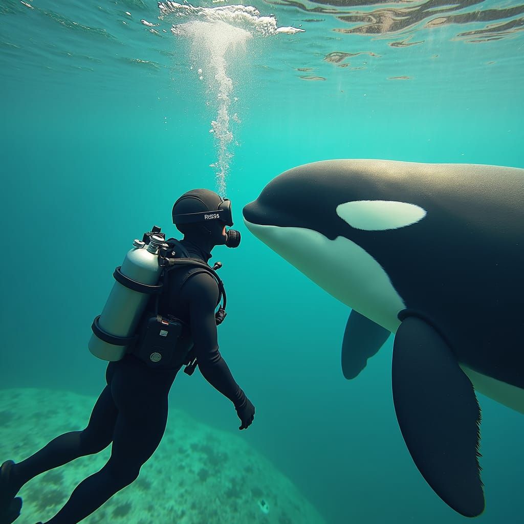 Majestic Orca Meets Diver in Futuristic Underwater Encounter