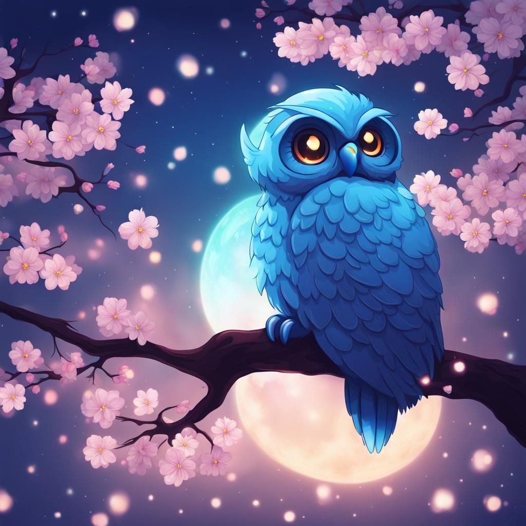 Glowing Blue Owl Under Sakura Tree