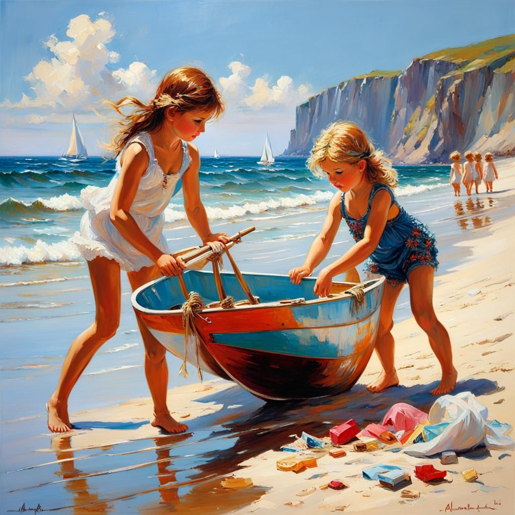 Girls Playing on Beach, Classic Realism Style