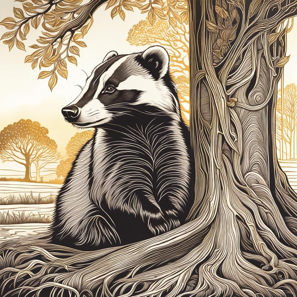 Majestic Badger in Golden Hour: A Linocut Impression
