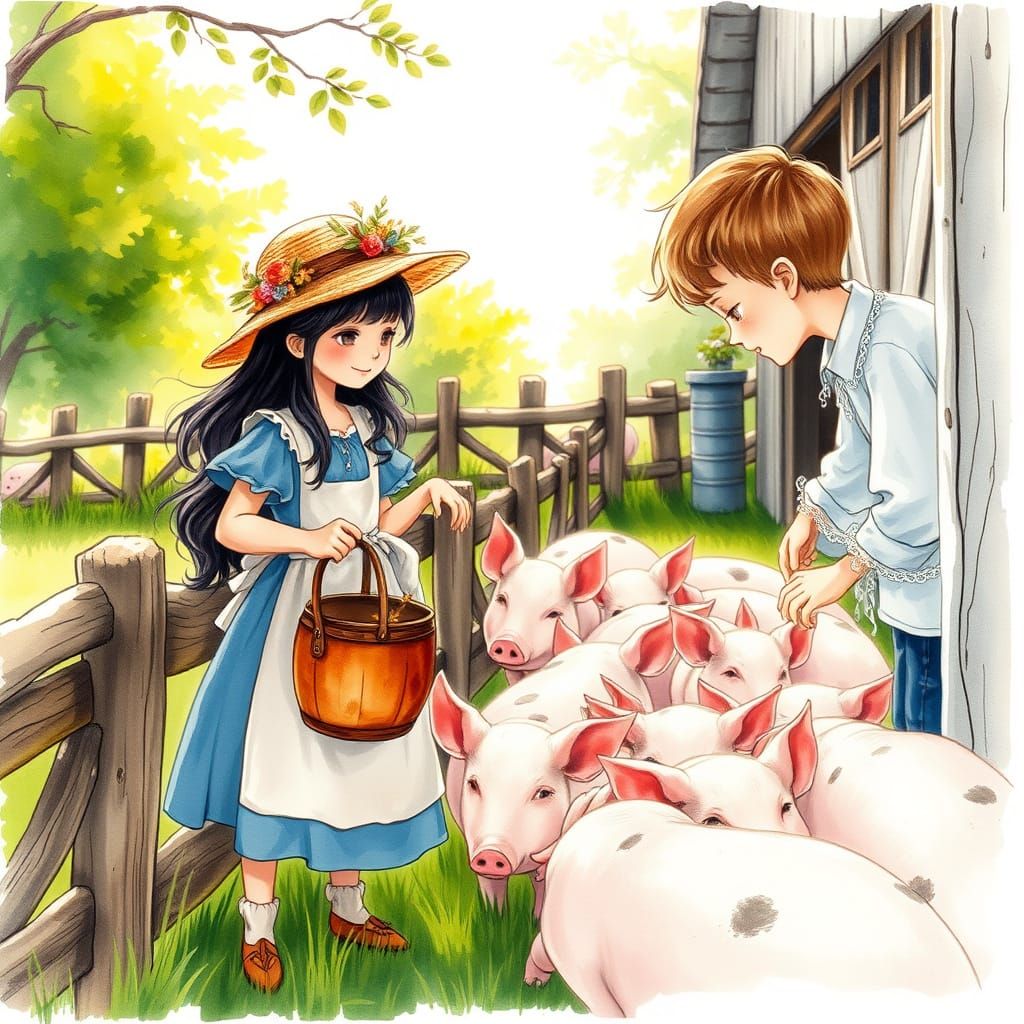 Whimsical Watercolor Illustration of Children Feeding Pigs i...