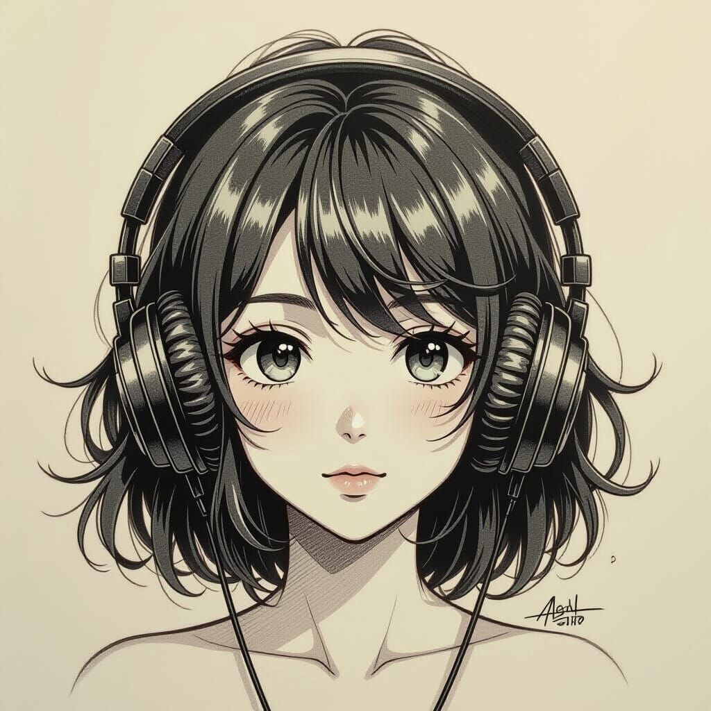 Heart with Headphones in Manga Style
