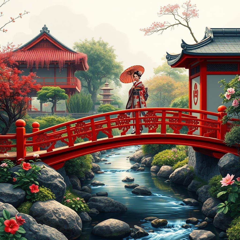 Japanese Garden in Vibrant Colors and Intricate Details