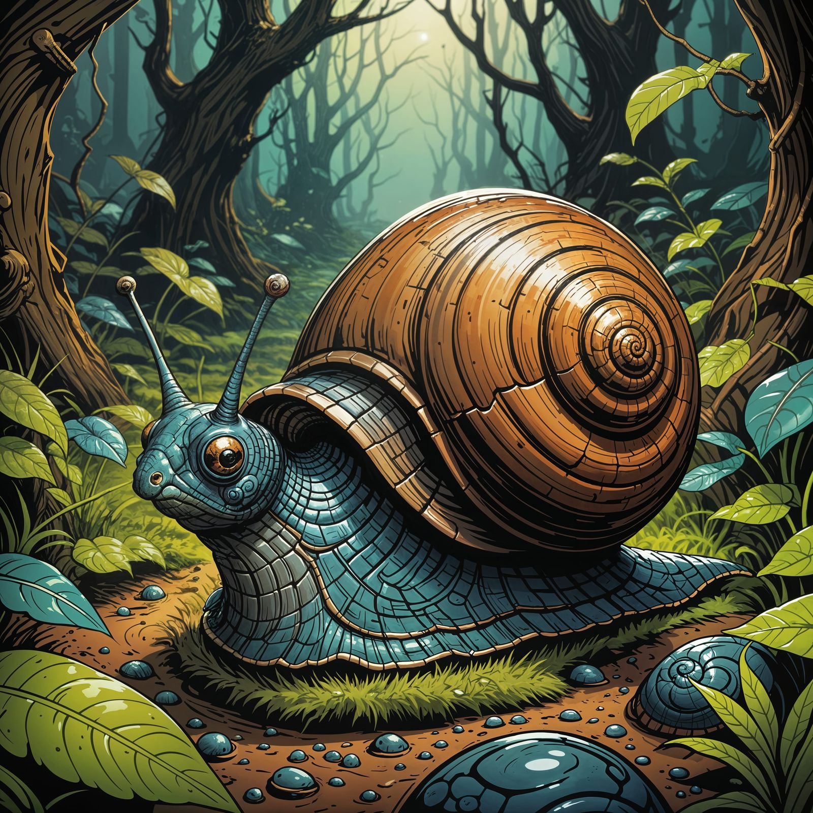 Curious Snail in Comic Book Art Style
