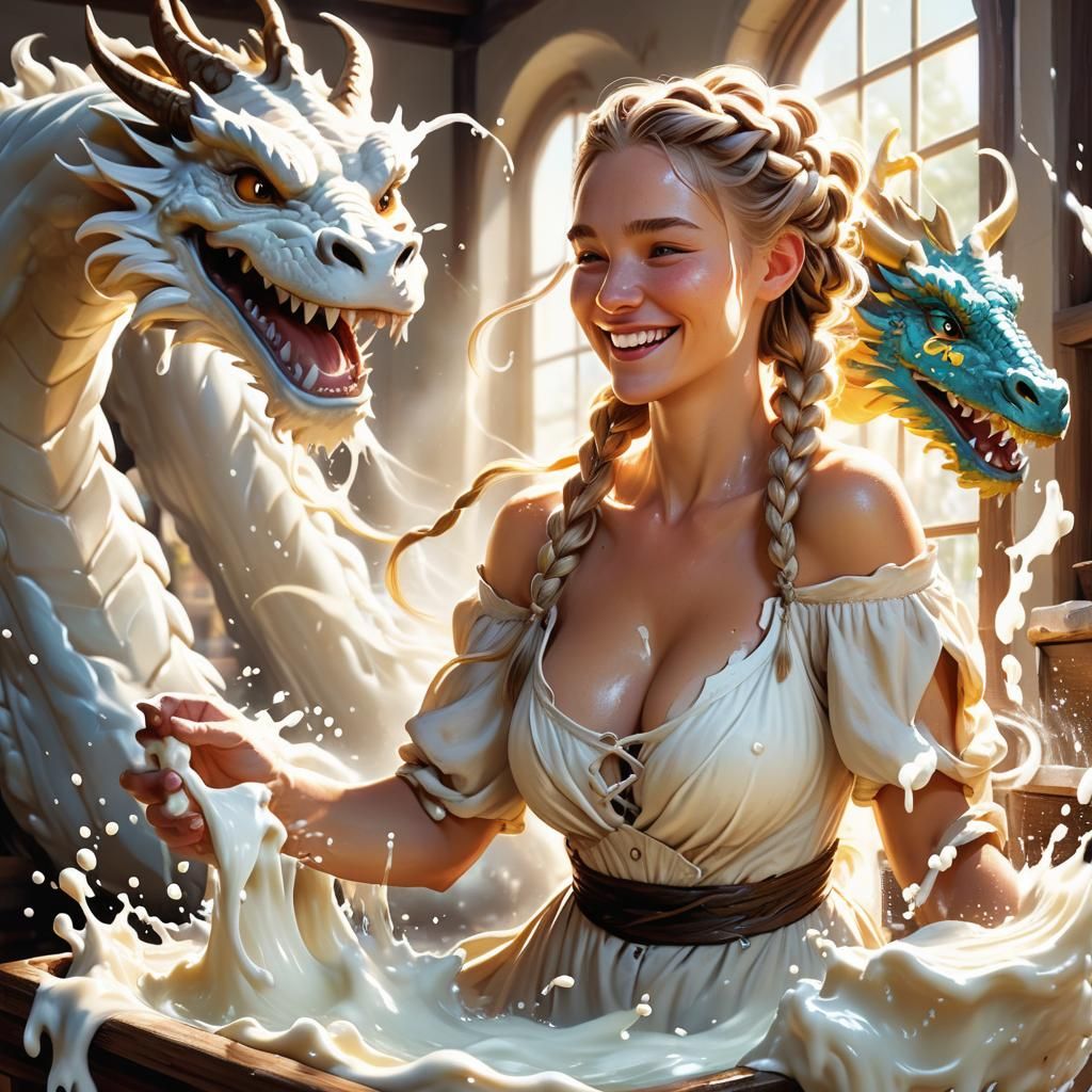 Milkmaid and Dragon in Fantasy Art Style