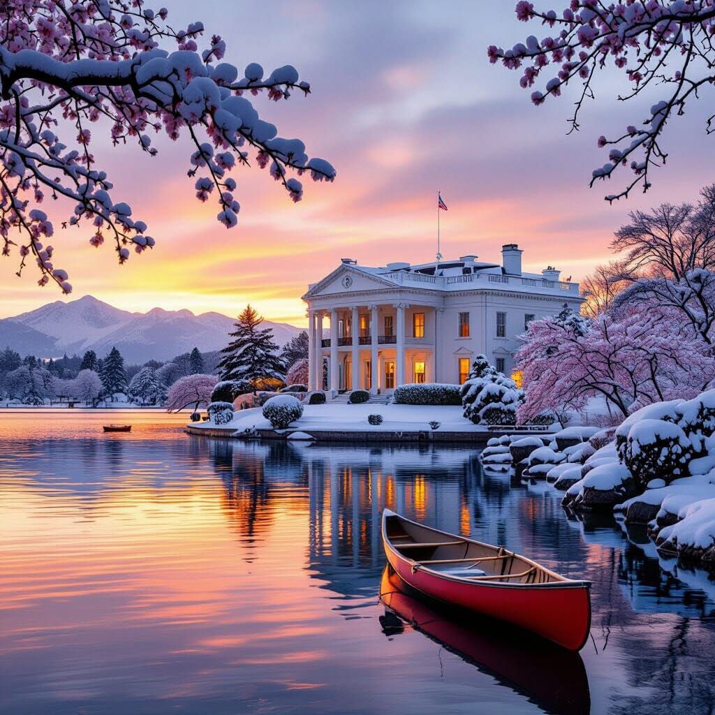 Serene Winter Sunset Over White House Landscape