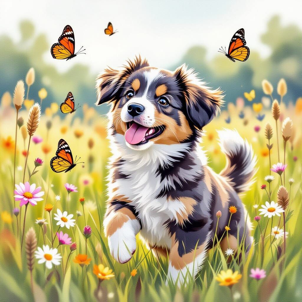 Realistic Watercolor of a Dog Playing with Butterflies