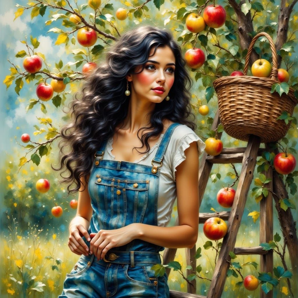 Woman Picking Apples in Impressionist Style