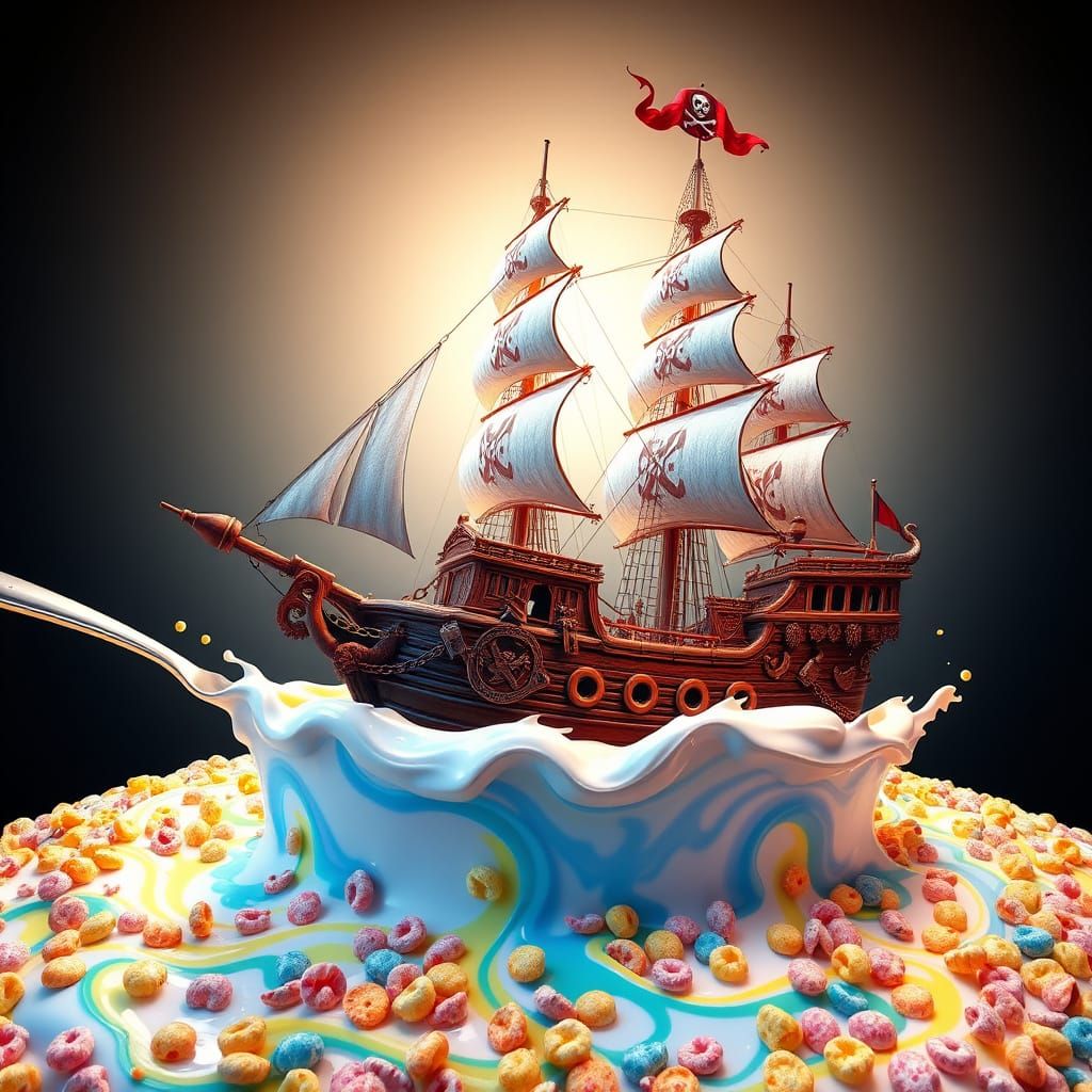 Pirate Ship in Whimsical Cereal Bowl Scene