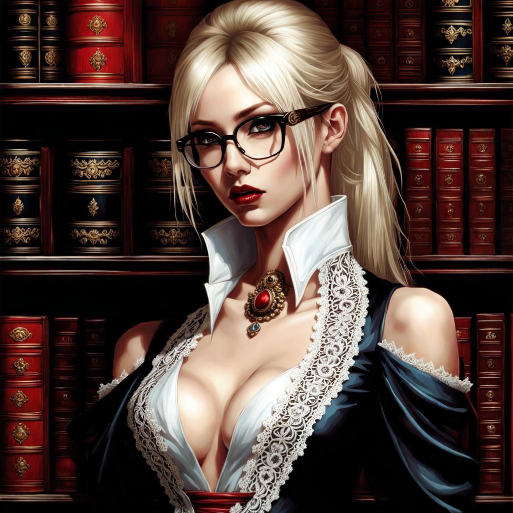 Gothic Student in Library: Dark Fantasy Digital Art