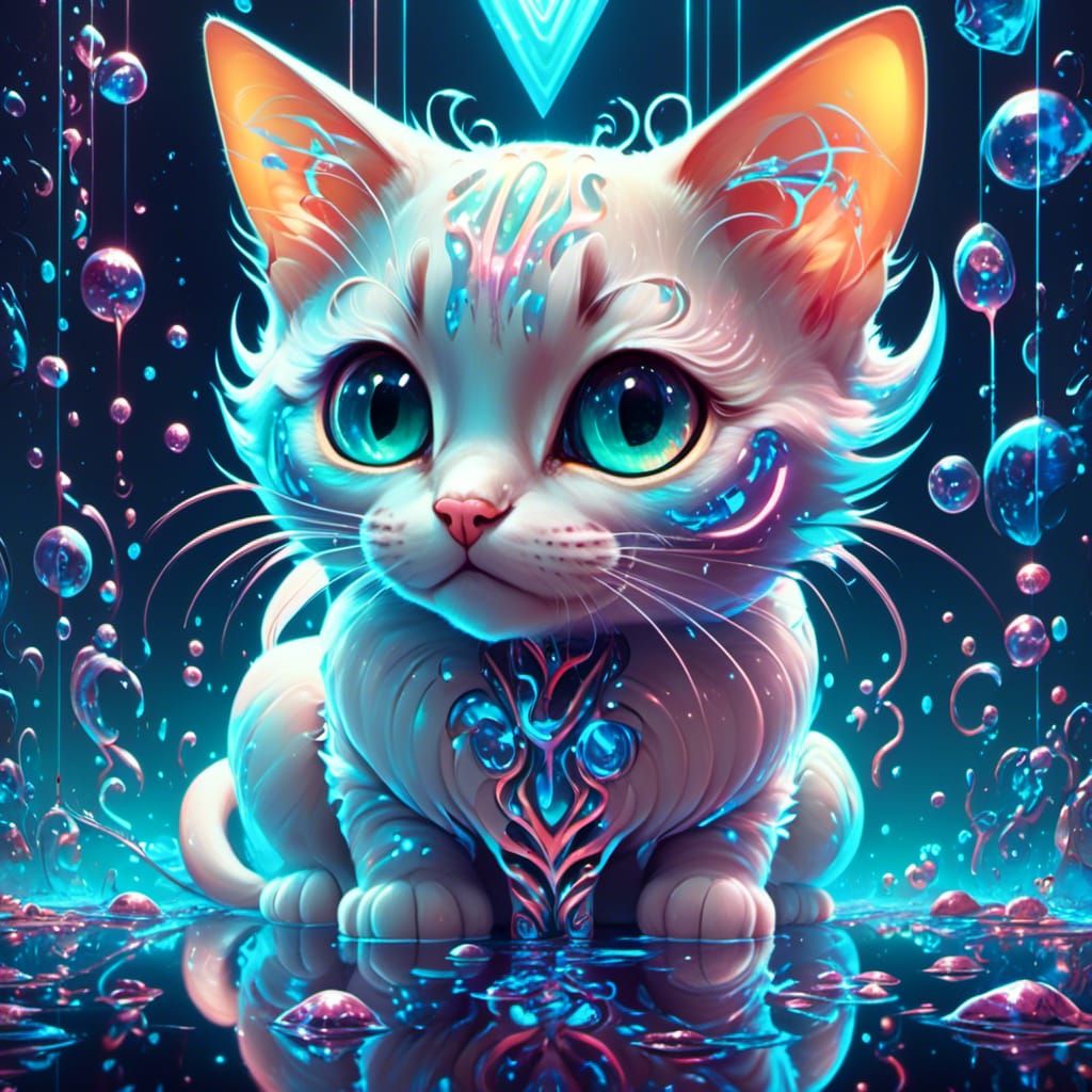 "holographic cat, an adorable transparent calico cat with big eyes, chibi cat, transparent iridescent cat, transparency,...