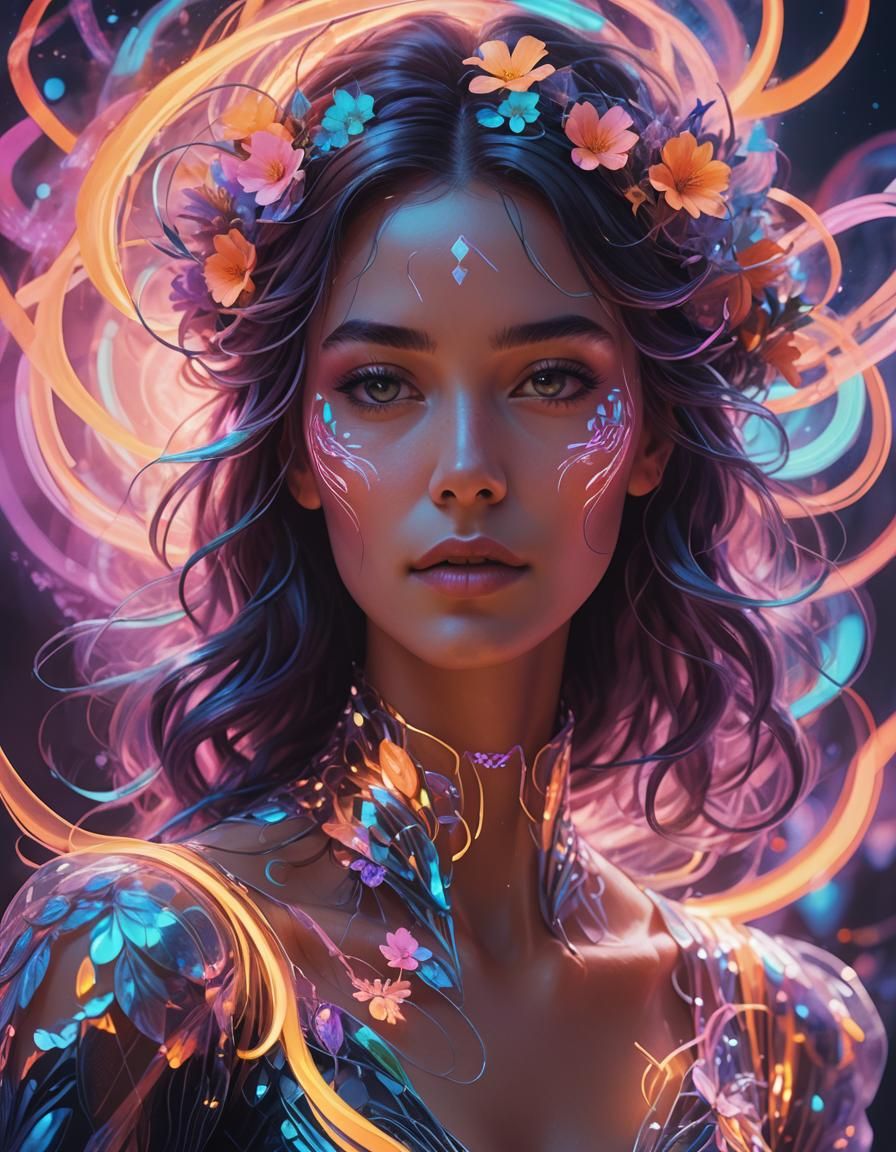 Fantasy Woman Portrait with Glowing Magic in Neon Art