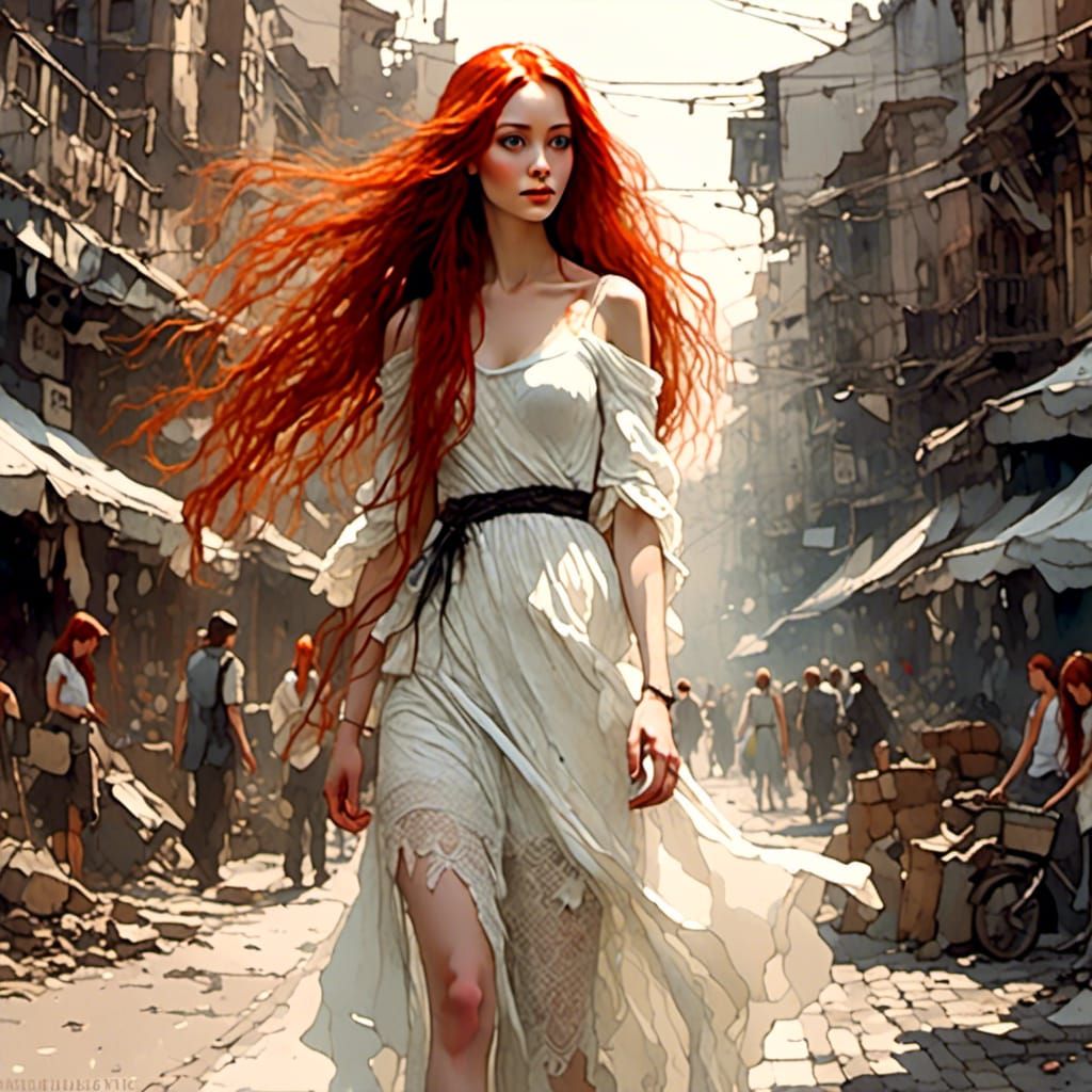 Red-Haired Woman in Apocalyptic City, Gothic Digital Art