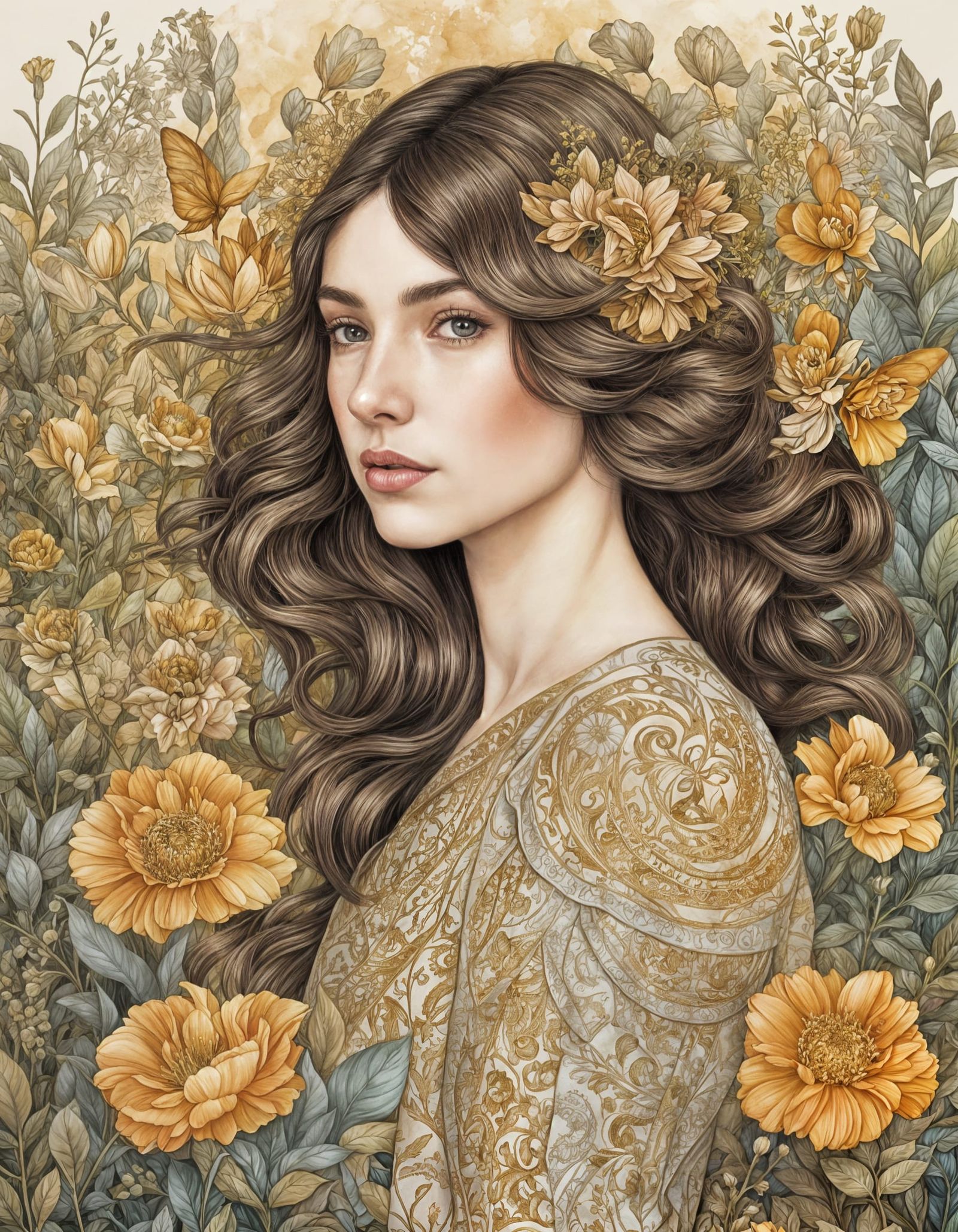 Floral Woman in Garden, Art Deco Style