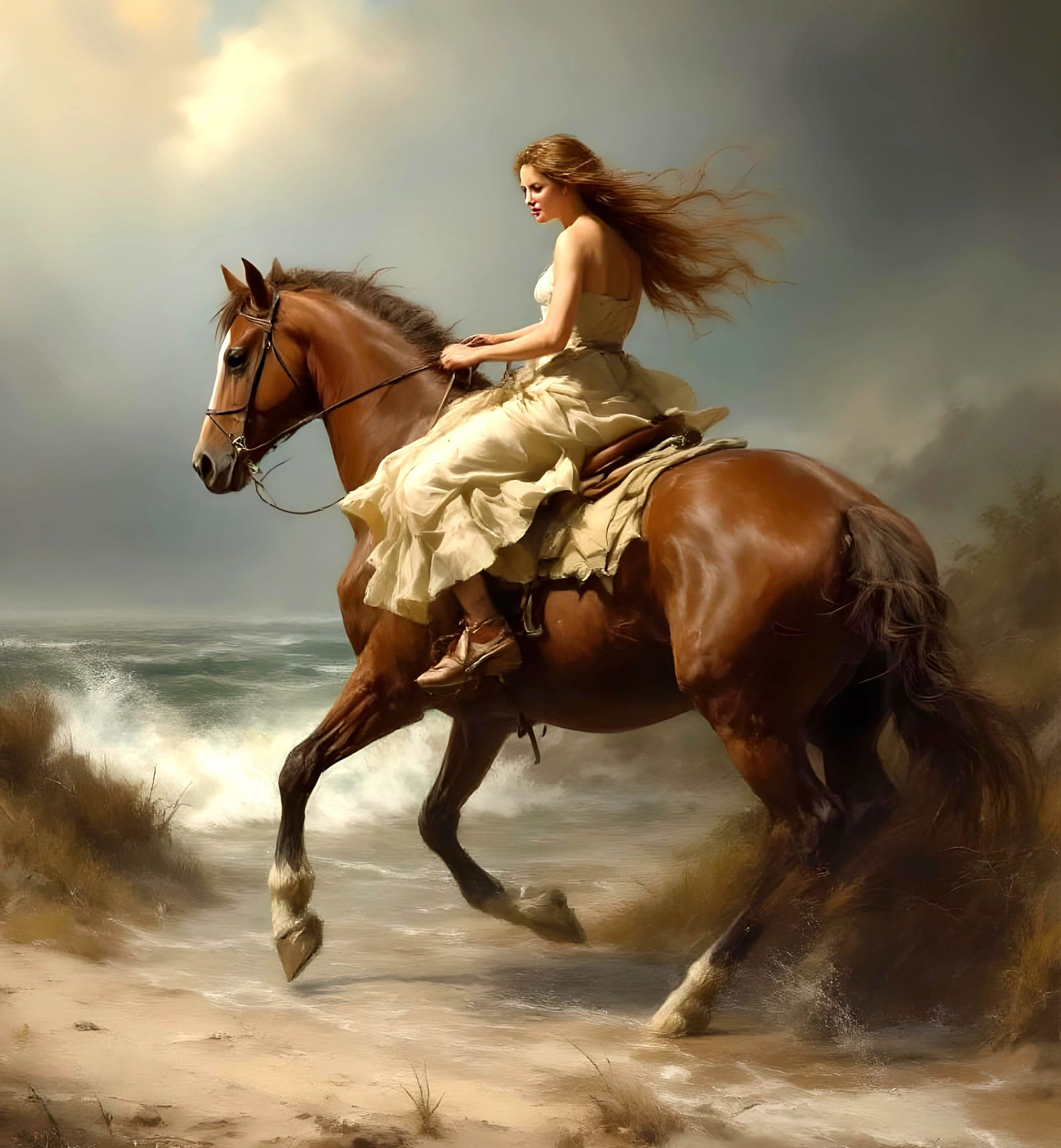 Cowgirl and Foal in Storm, Oil Painting Style