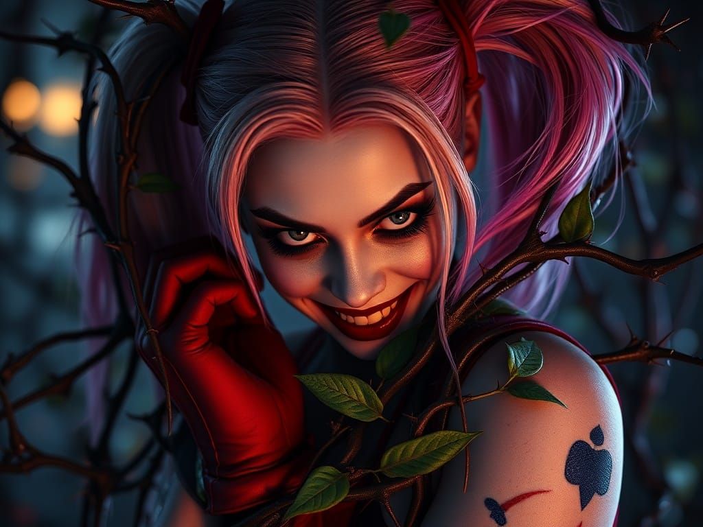 Harley Quinn in Thorny Vines: A Horror Portrait