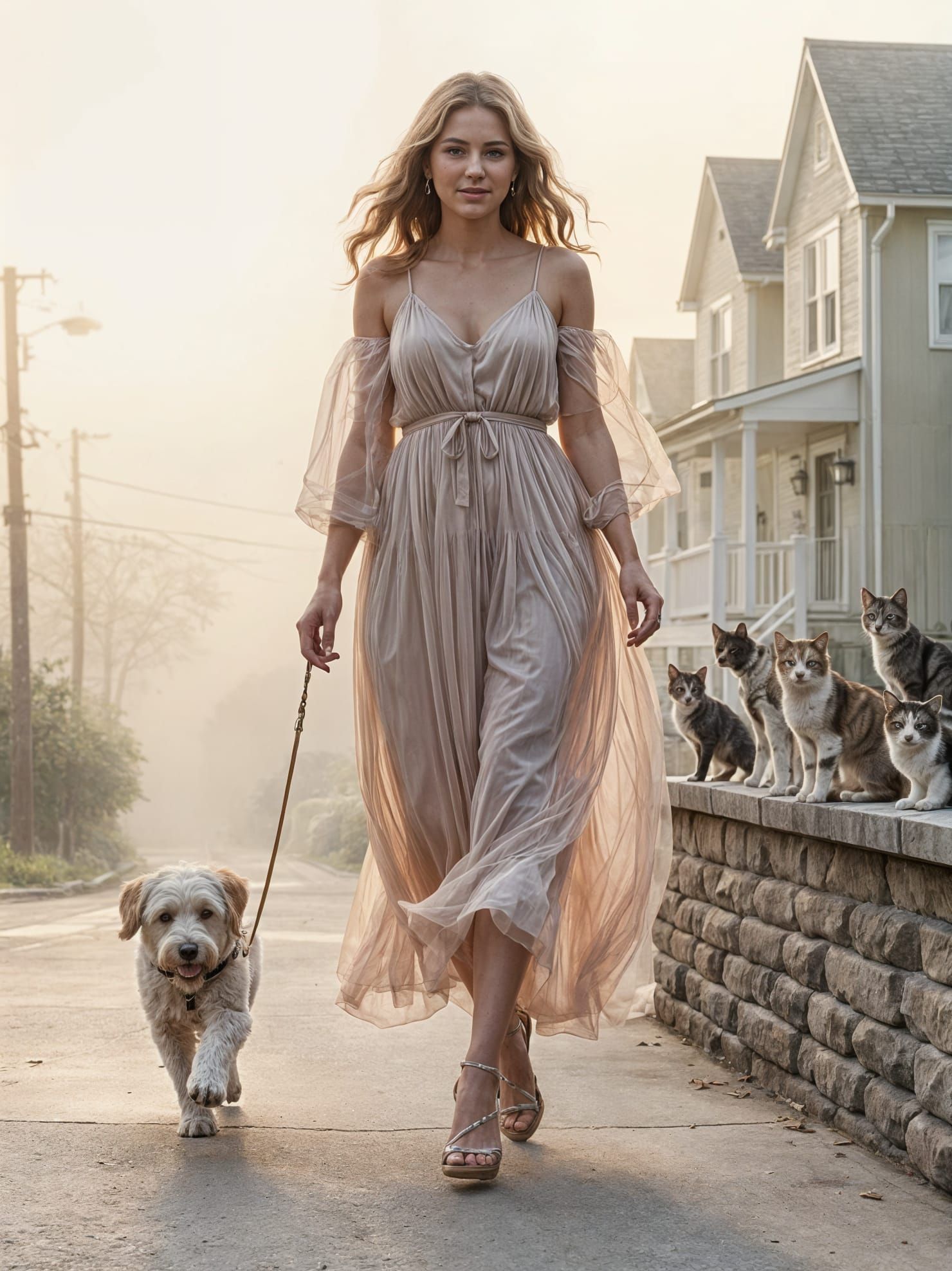 Gorgeous Woman in Tulle Maxi Dress Strolls with Her Labradoo...