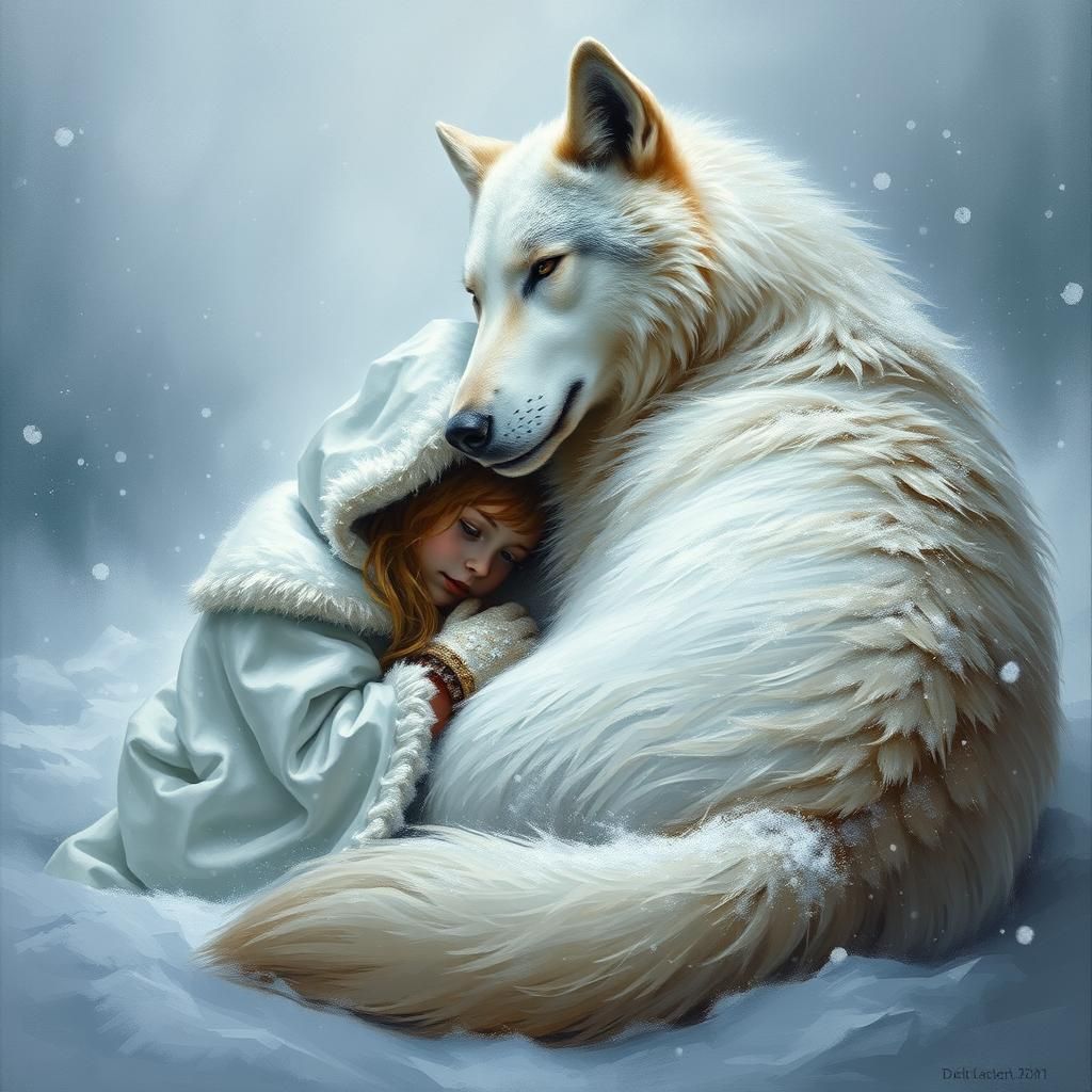Girl and Golden Wolf in Winter Blizzard