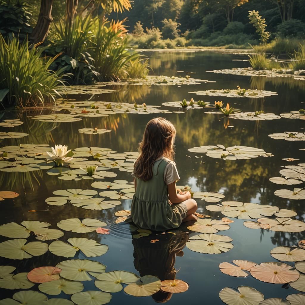 Girl and Pond in Summer Scenery: Oil Painting