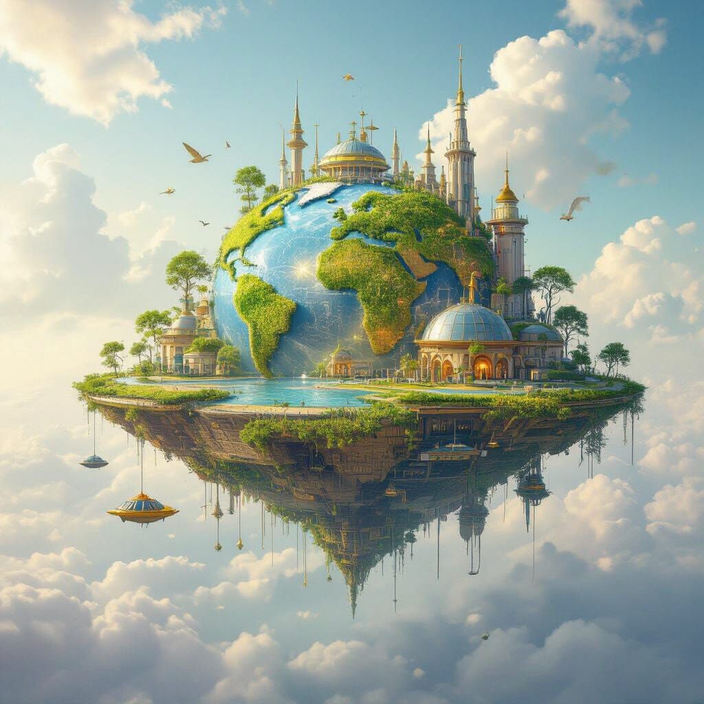 Solarpunk Floating City Anchored to Earth