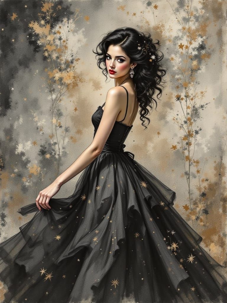 Woman Dances Under Starry Sky in a Whimsical Artistic Style