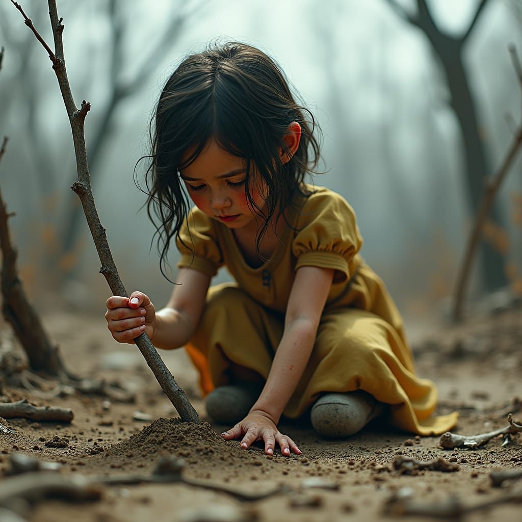 Sad Girl Playing Alone: Detailed Matte Painting