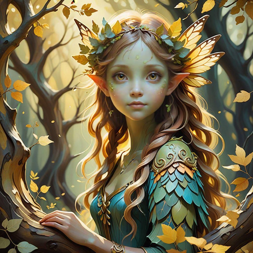 Whimsical Fairy Perched Within Elm Tree