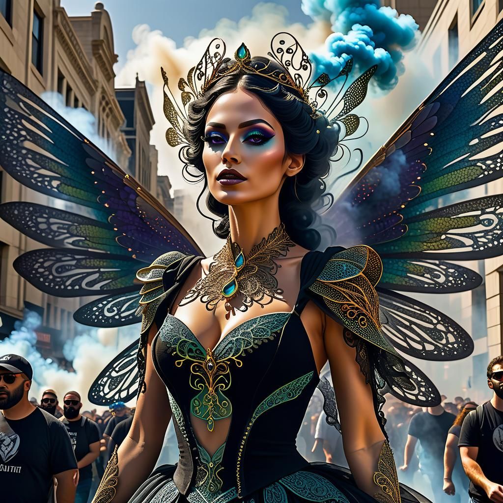 Winged Fairy Protesting in Gothic Kinetic Art Style