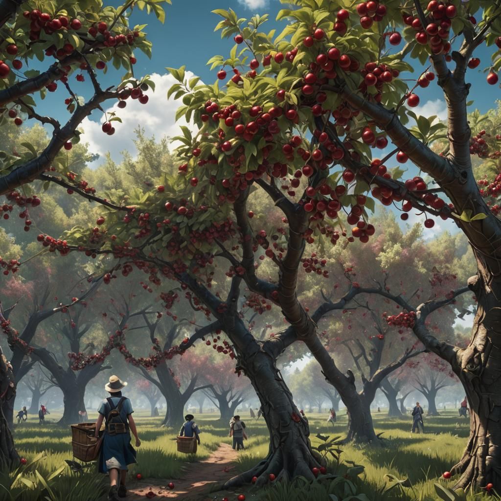 Detailed Matte Painting of Michigan Cherry Picking