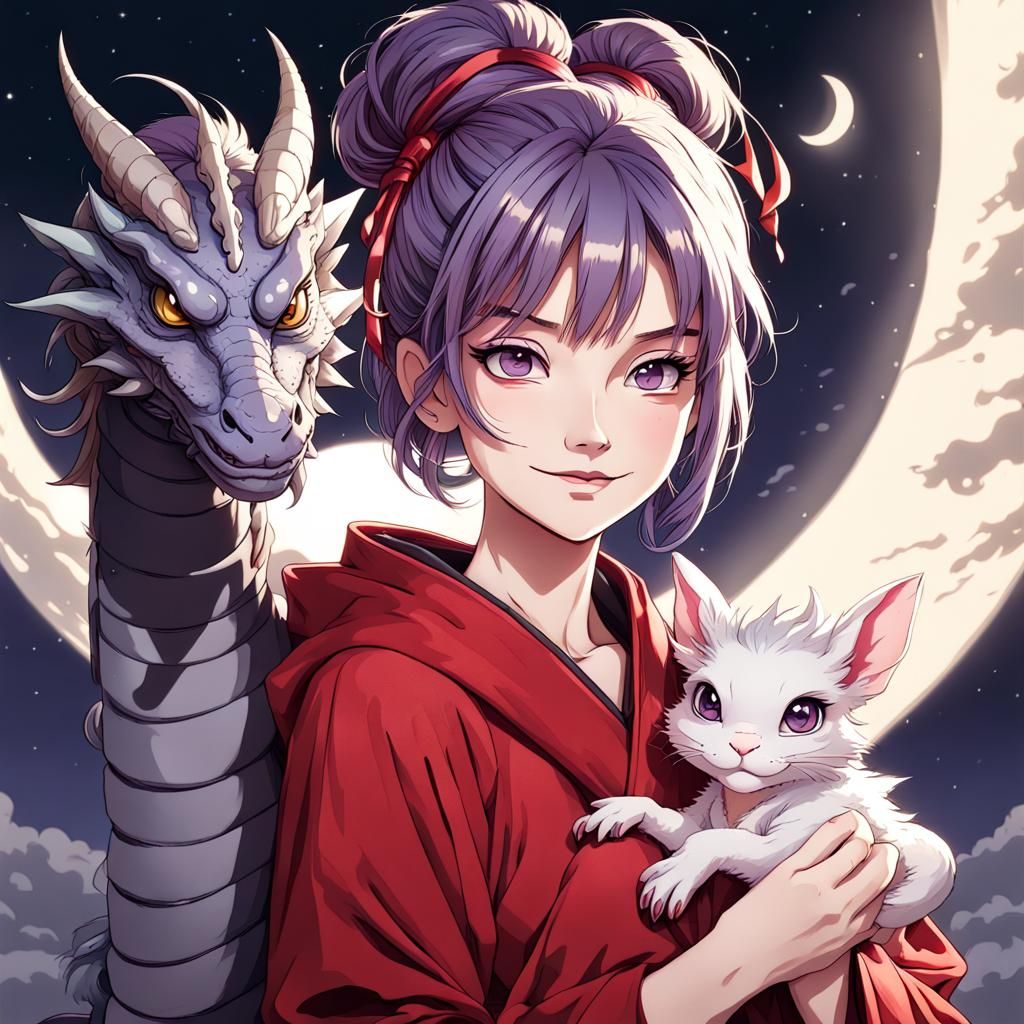 Anime Woman with Dragon Pet Portrait