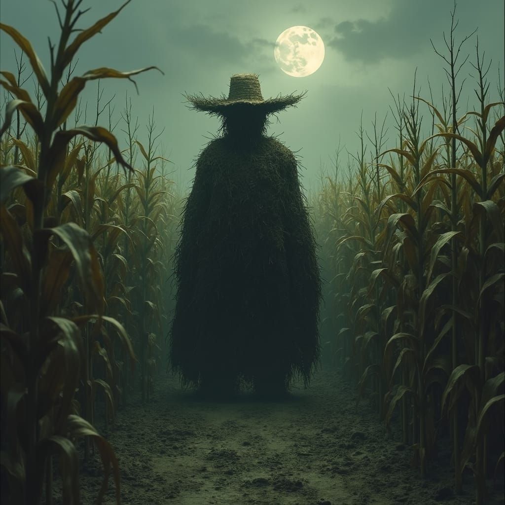 Scary Living Scarecrow in Corn Maze at Night