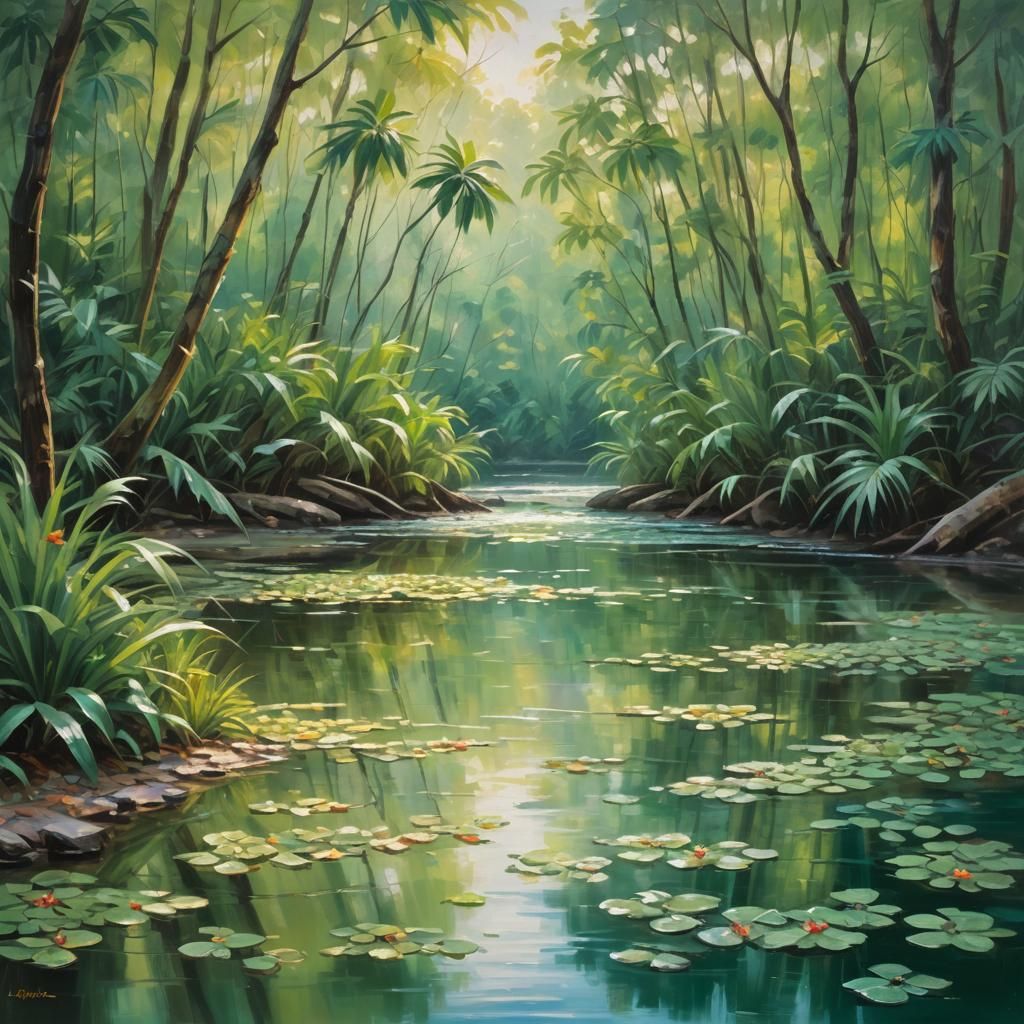 Impressionist Jungle Stream with Birds