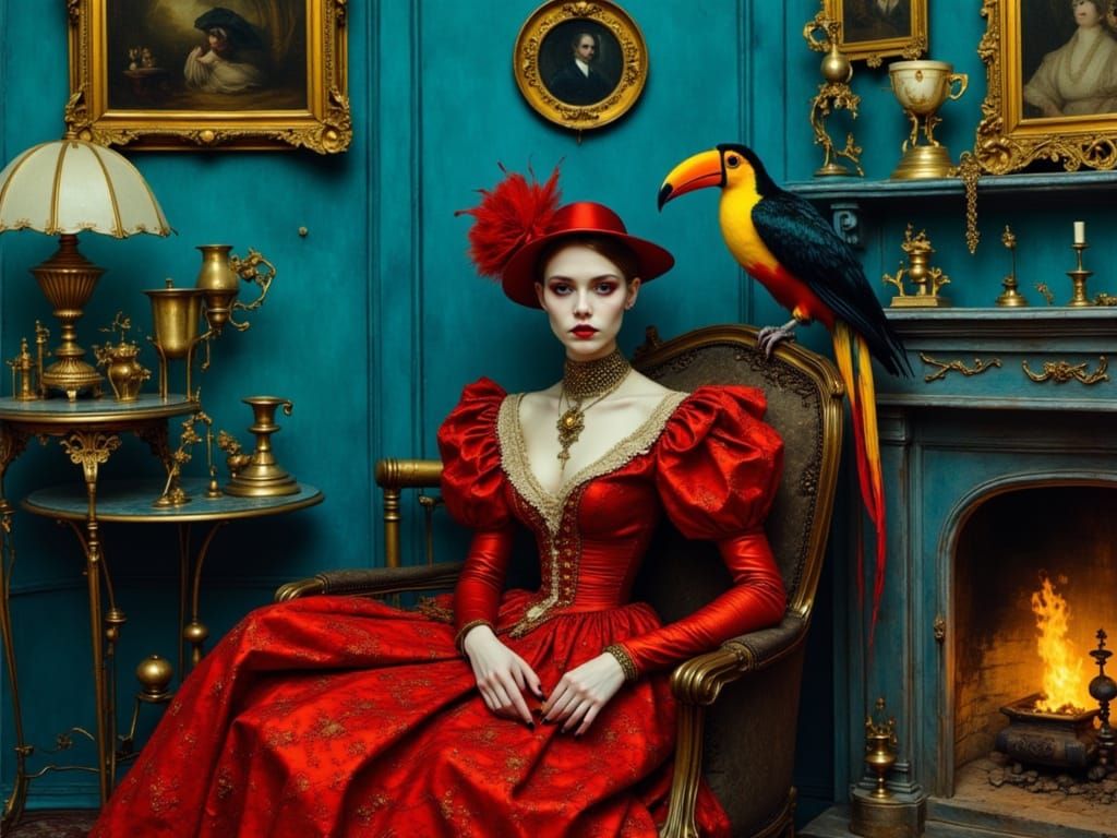 Red Baroness and Toucan Tea Time in Blue Salon