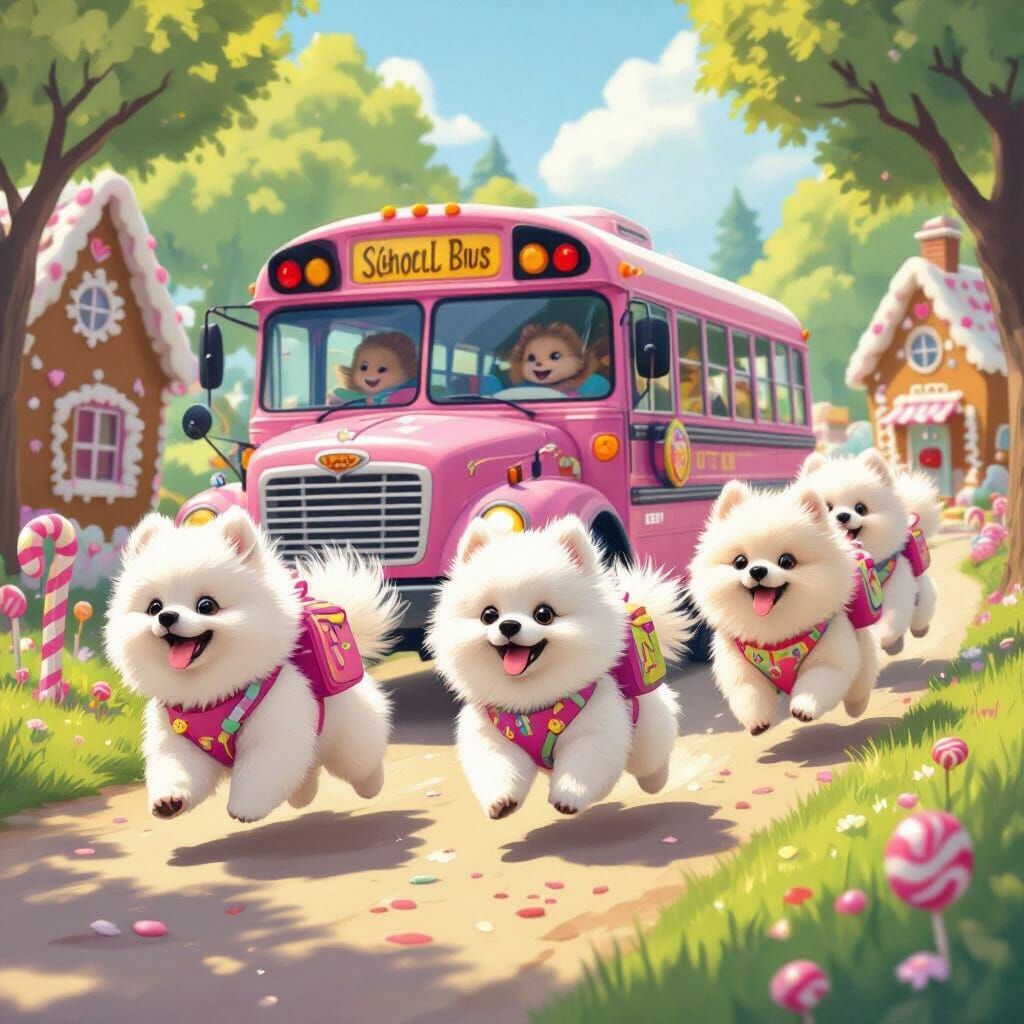 Fluffy Pomeranians Chase Pink Bus in Candy Land