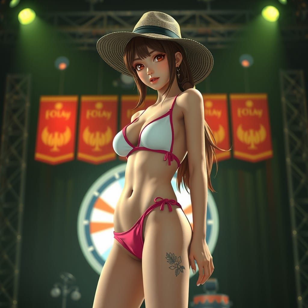 Anime-Style Woman in Bikini on Stage, Ultra-Detailed