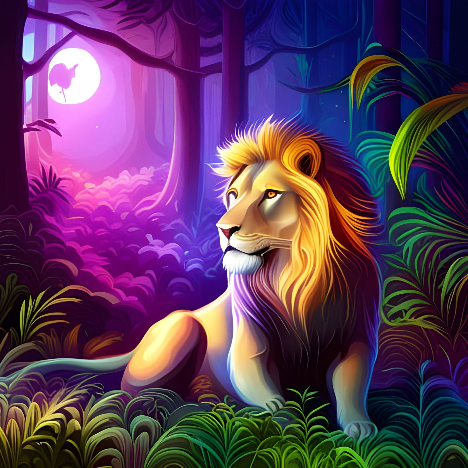Vivid Lion in Holographic Forest Illustration