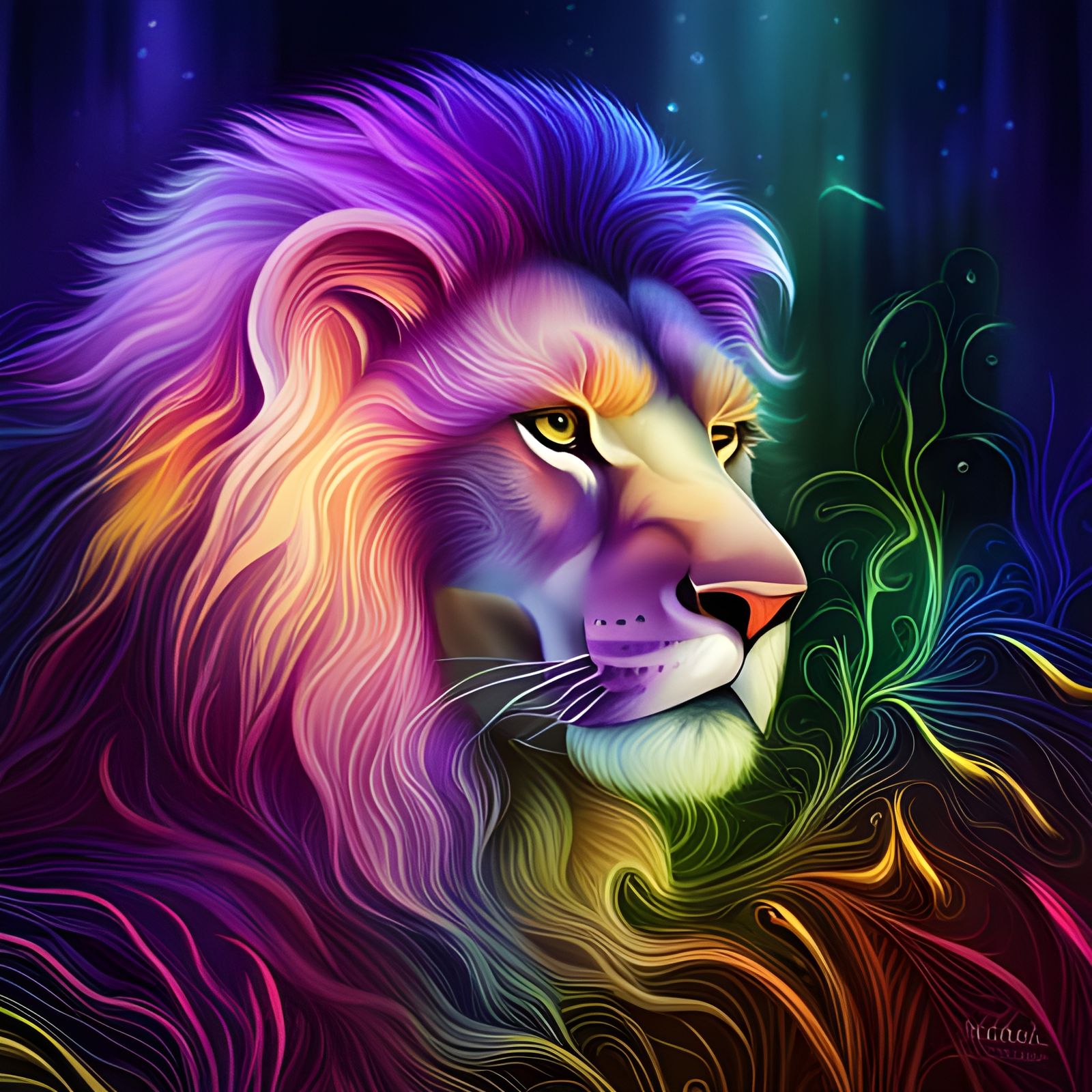 Mysterious Lion in Vivid Holographic Forest
