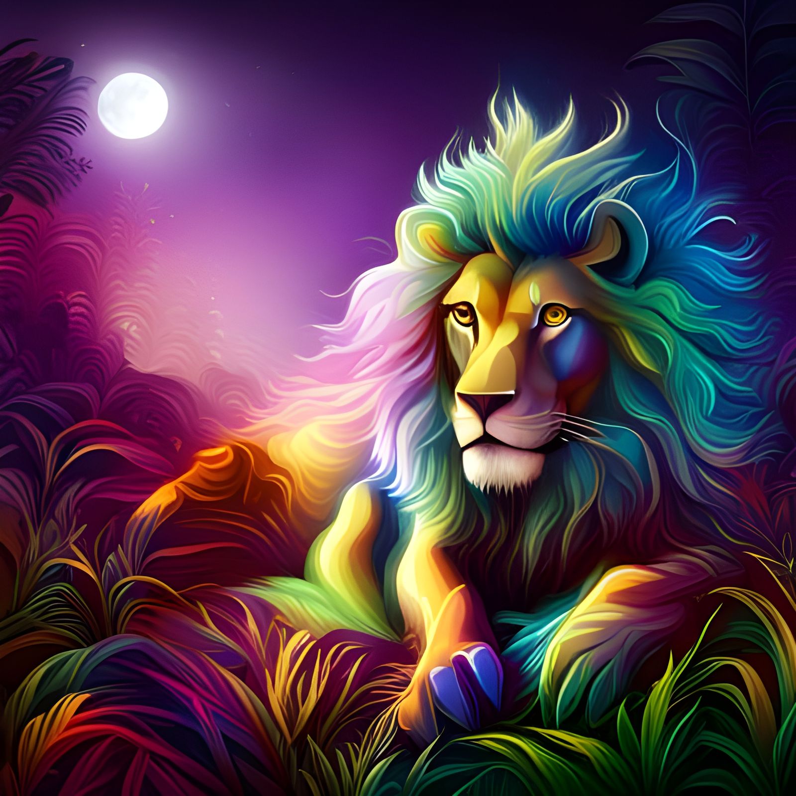 Mysterious Lion in a Colorful Holographic Forest