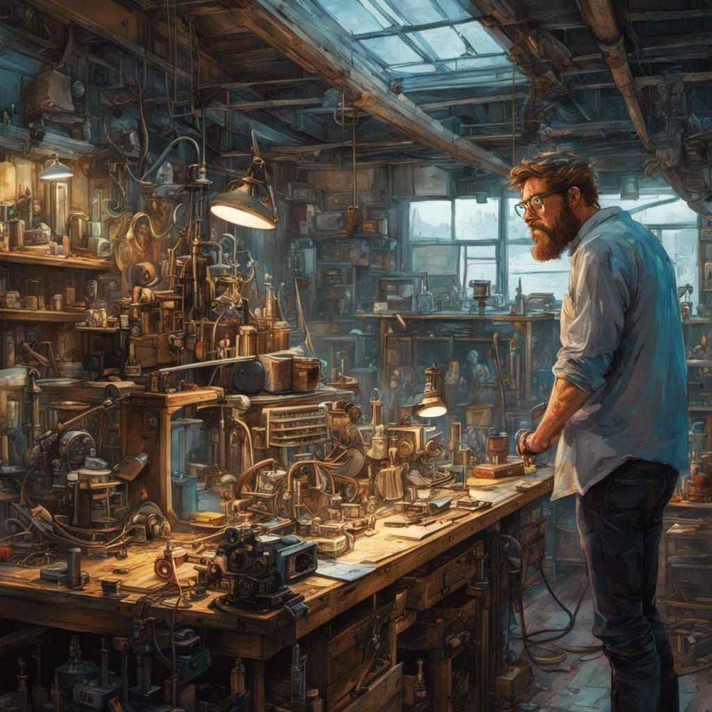 Embarrassed Apprentice Inventor in Cluttered Lab