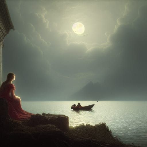 Girl and Lake Monster in Detailed Matte Painting