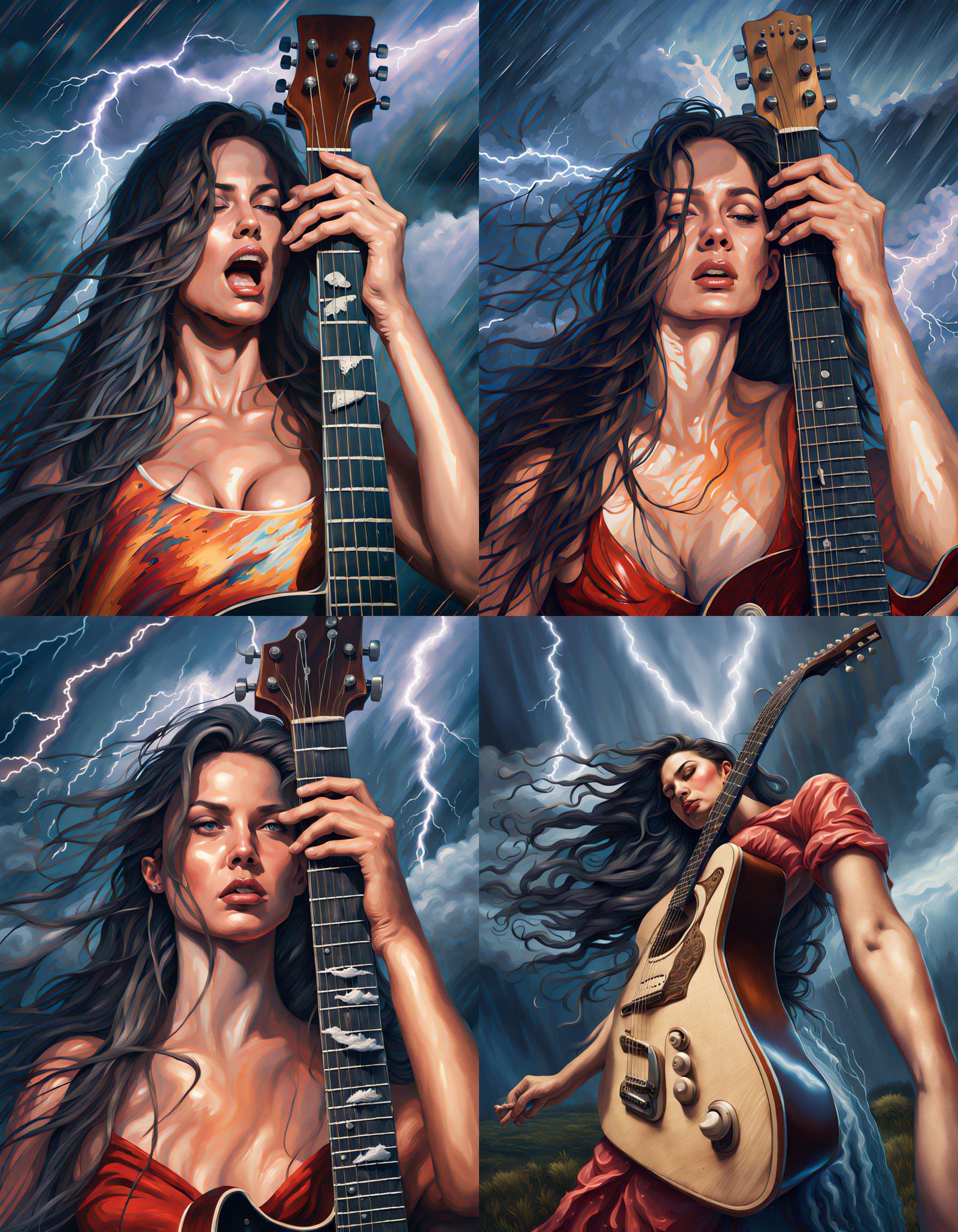 Woman Playing Guitar in a Storm: Hyperrealistic Splash Art