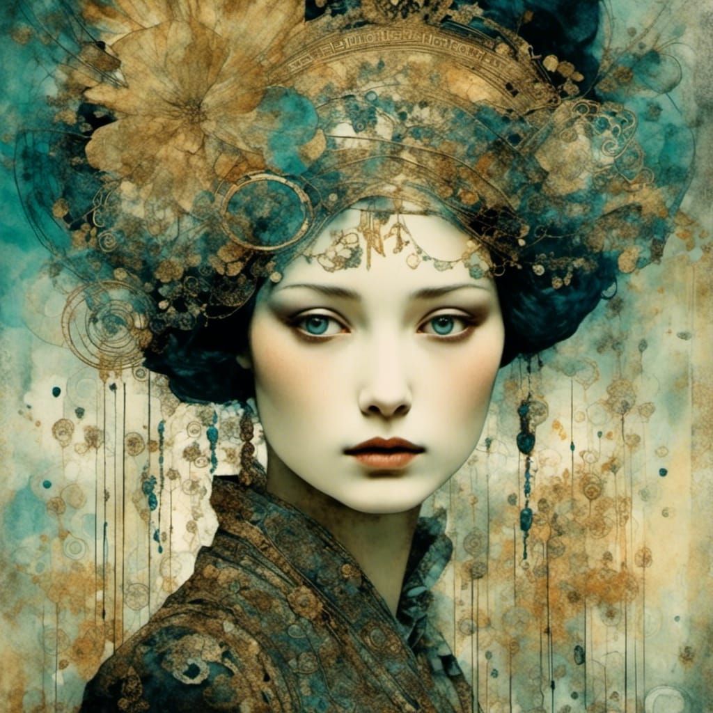 Japanese Woman Double Exposure with Gold Foil