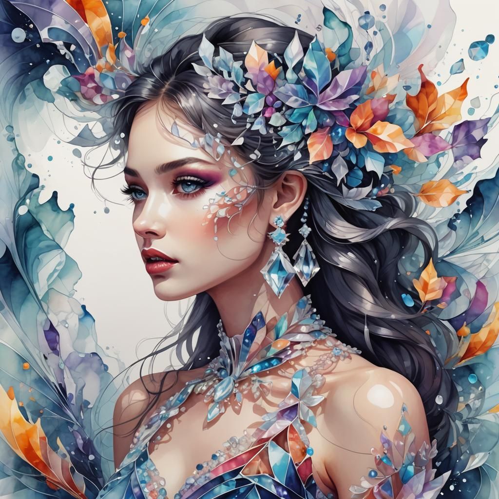 Crystalline Girl Portrait with Watercolor Dress