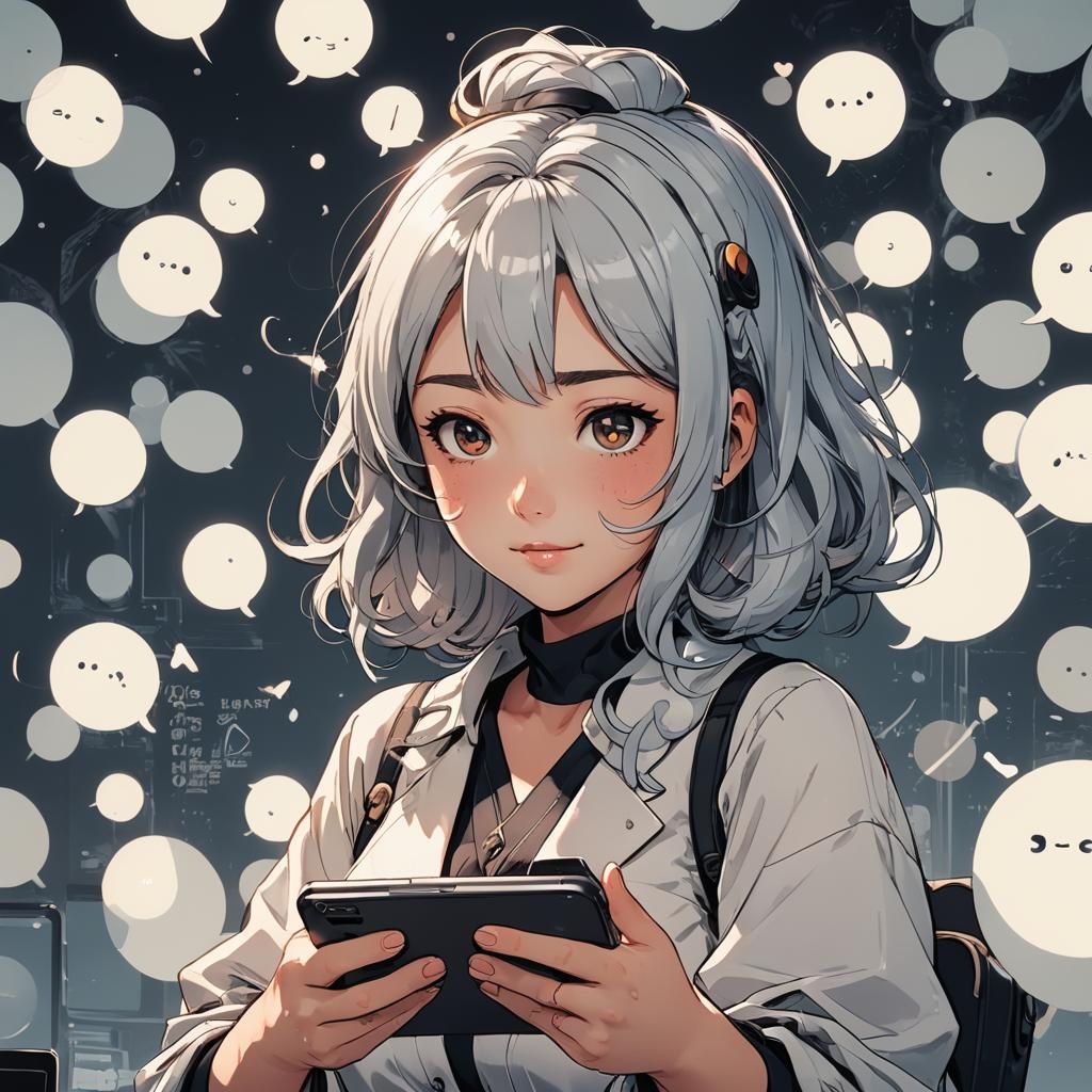 Anime Girl Texting with Chat Bubble in Manga Style