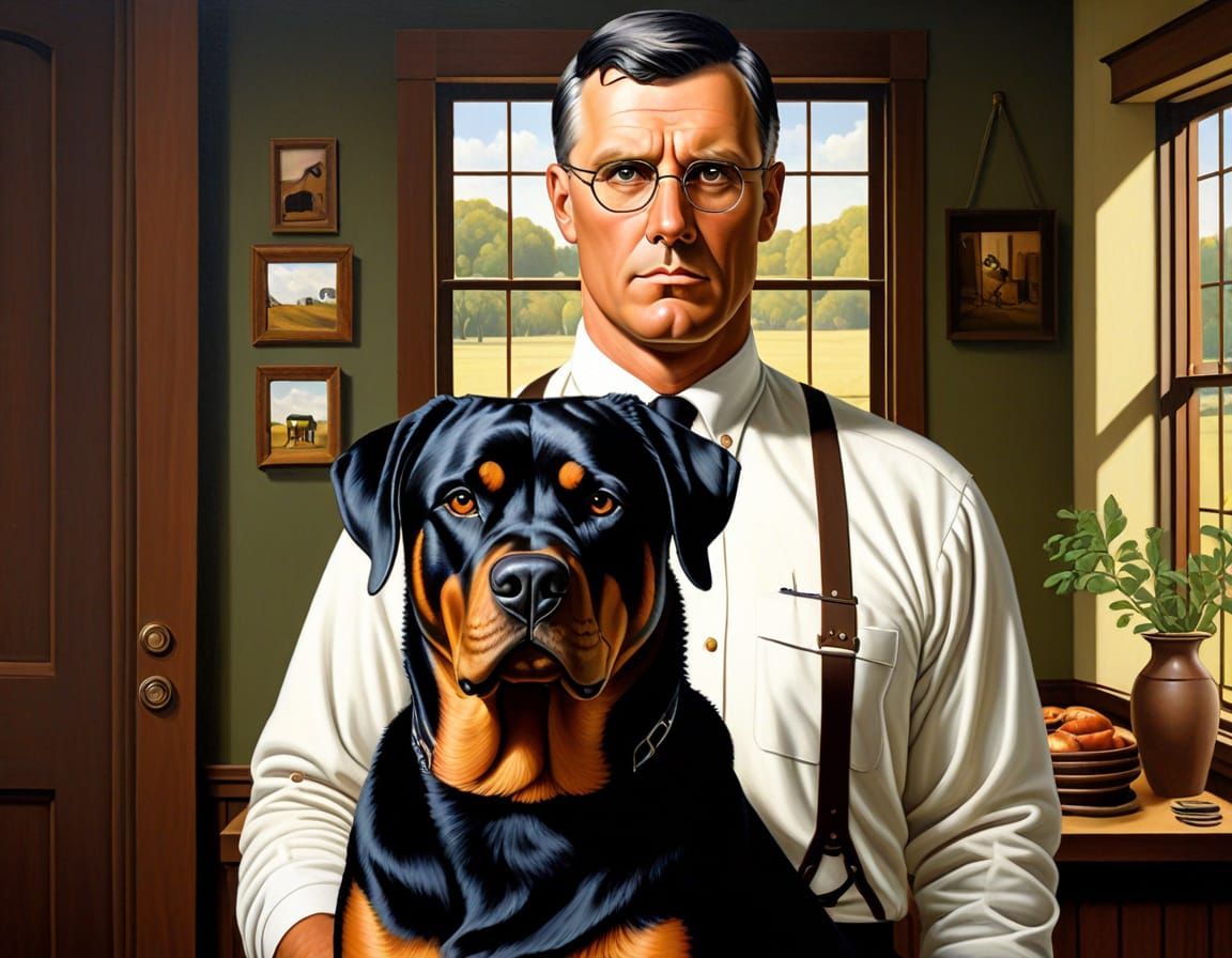 Rottweiler in Regionalist Style of American Gothic