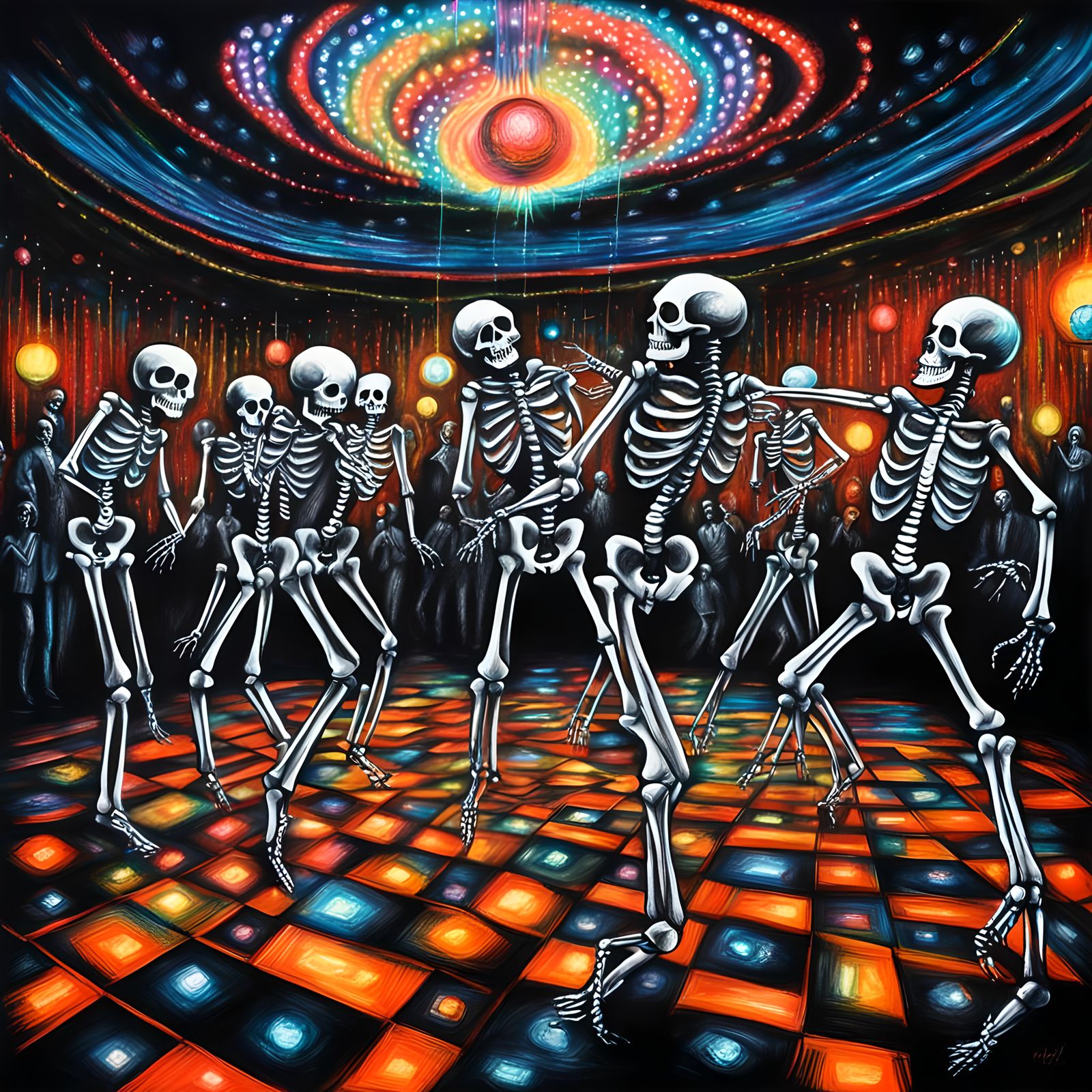 Skeletons on the disco dance floor under sparkling strobe