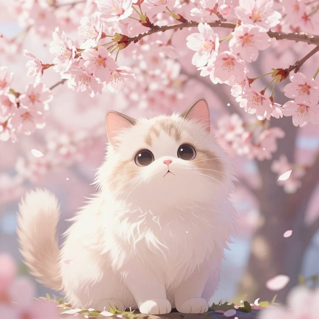 Fluffy Cat Among Cherry Blossoms in Anime Style